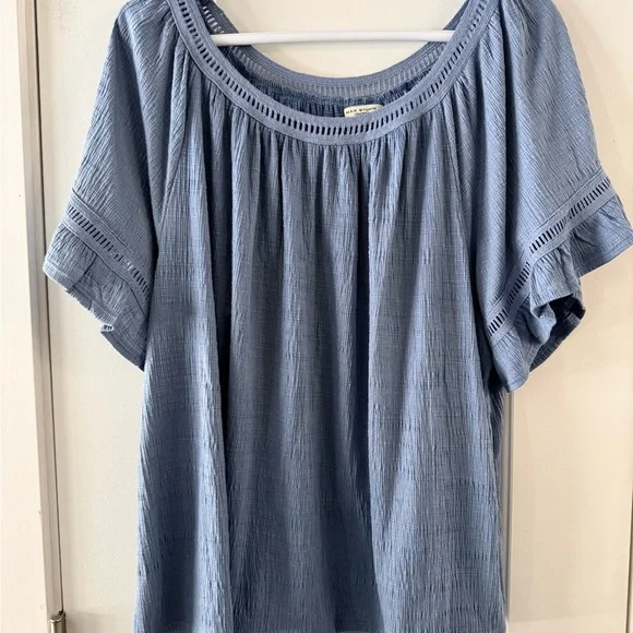 Max Studio Blue Boho Peasant Blouse Crochet Trim Flowy Top Fits 1X Plus Size - Picture 2 of 6